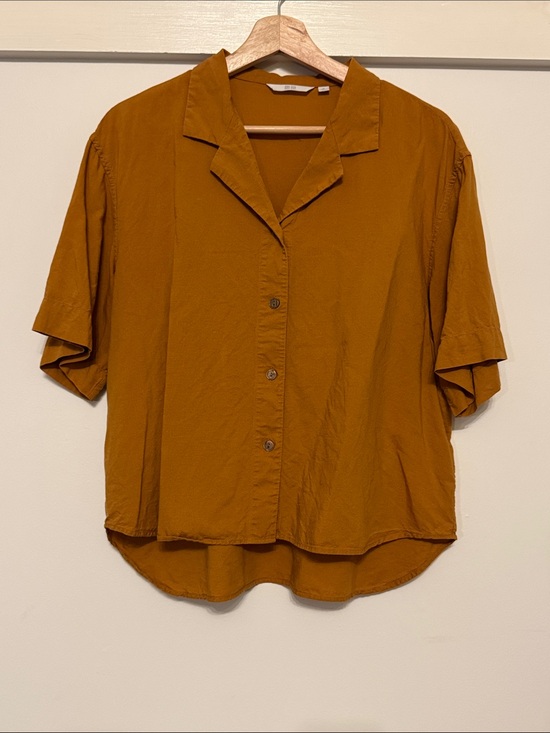 Uniqlo Tops - UNIQLO Linen Blend Open Collar Shirt Mustard Brown Boho Short Sleeve Size M